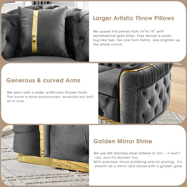 English Elm 2pcs Italian Velvet Chesterfield Sofa Set Tufted Three Seater with Gold Steel Legs Gray W1191S00070