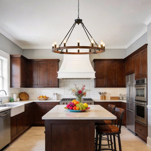 English Elm 31.5 Inch Wagon Wheel Chandelier Wood Matte Black 12-light Farmhouse Pendant Fixture W5008P464752