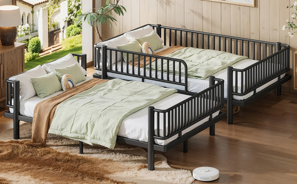English Elm Queen Over Metal Bunk Bed Convertible Platform Frame with Safety Guardrails Black W5305S00063