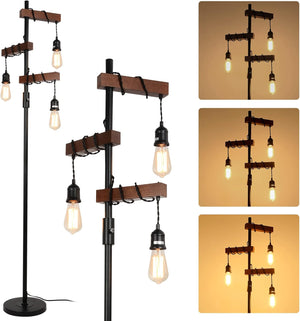 English Elm Dimmable Industrial Floor Lamp 68" 3-Head Wood & Metal Tree Lamp with Rotary Dimmer, Rustic Vintage Accent W2738P227440