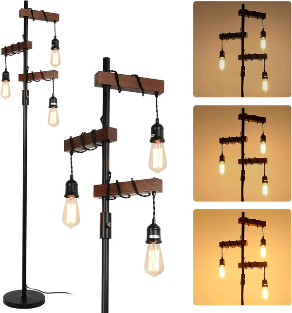 English Elm Dimmable Industrial Floor Lamp 68" 3-Head Wood & Metal Tree Lamp with Rotary Dimmer, Rustic Vintage Accent W2738P227440