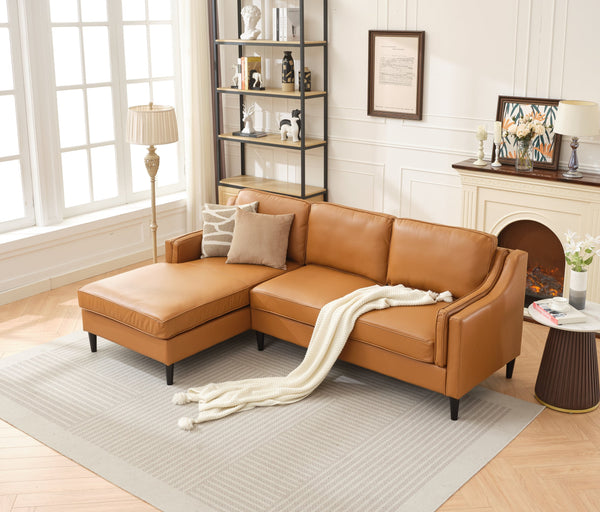 English Elm 94.5 Inch L-Shaped Genuine Leather Sofa With Left Chaise Lounge - Modern Tan Sectional Comfort W791S00022