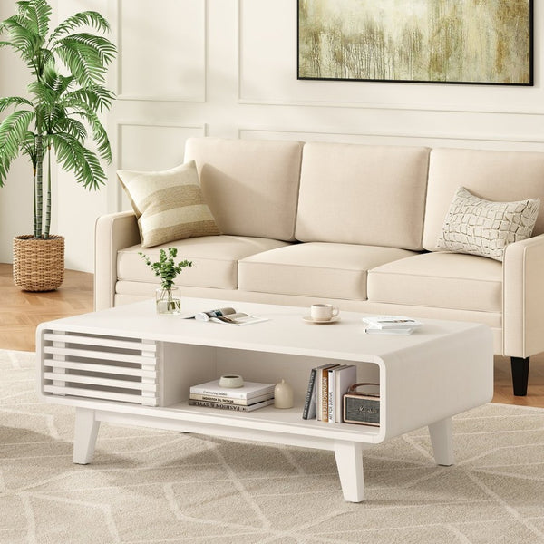 English Elm Coffee Table with Four Open Compartments Solid Wood Legs Mid Century Farmhouse Style White T3623P431250