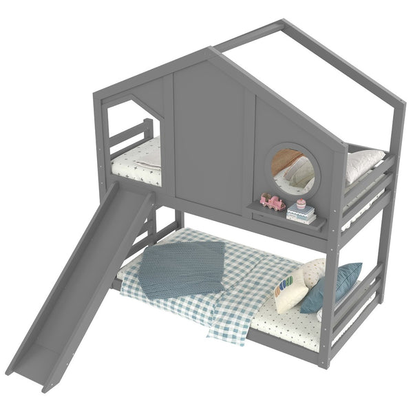English Elm Full Bunk Bed with Trundle Bookshelf Storage Pine Frame Car Design for Kids Gray W1580S00465