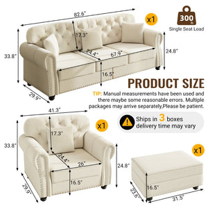 English Elm Upholstered Velvet Chesterfield Sofa with Button Tufting Brass Nailhead and Ottoman Beige+White W1885S00391