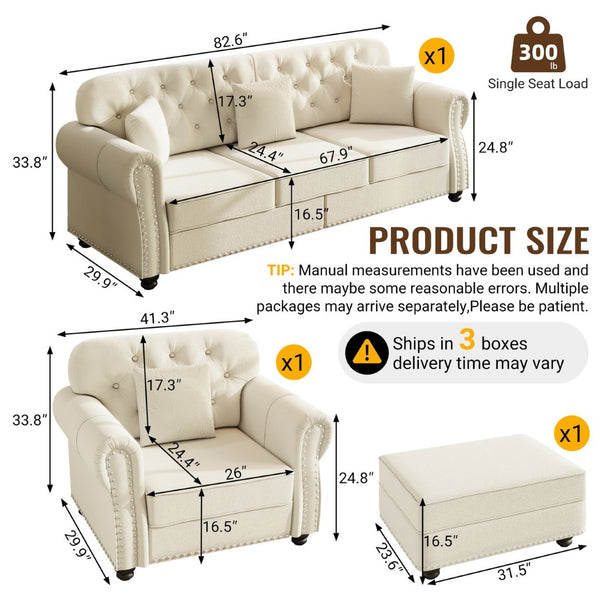 English Elm Upholstered Velvet Chesterfield Sofa with Button Tufting Brass Nailhead and Ottoman Beige+White W1885S00391