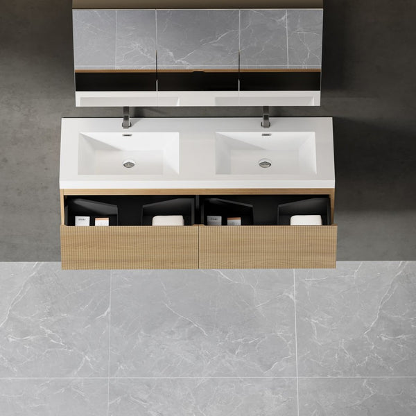 English Elm 60" Floating Oak Bathroom Vanity Dual Stone Resin Basins Soft Close Drawers Spa W1573P265204