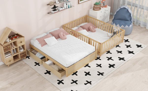 English Elm Full Size Pinewood Kids Daybed with Fence Rails Split Floor Bed and Storage Drawers Natural LP100882AAN