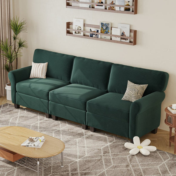 English Elm 94" Corduroy Three Seater Sofa Deep Cushioned Solid Wood Frame Modern Living Room Couch Dark Green W2715S00007
