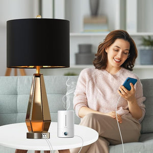 English Elm Set of 2 Mirrored Hexagonal Bedside Lamps with Usb Ports and Gold Foil Shades W3355P427415