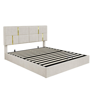 English Elm Queen Upholstered Storage Bed Gas Lift Platform with Gold Trim Pu Headboard N733S362241A