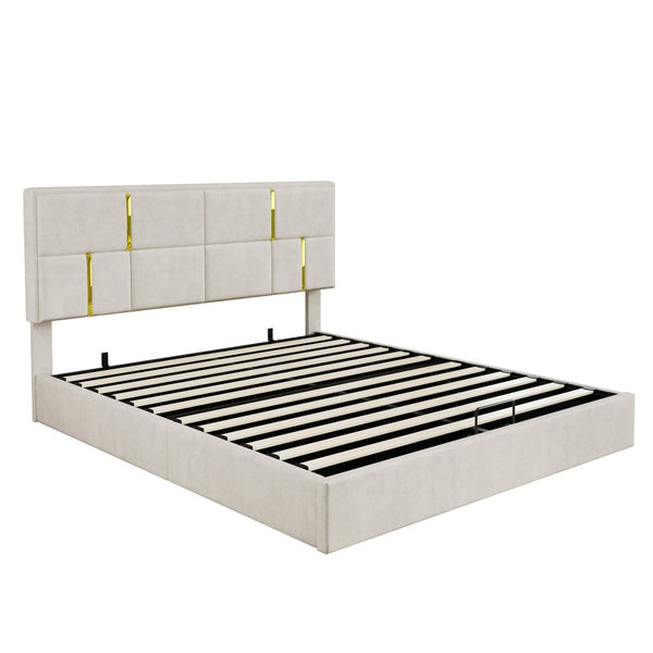 English Elm Queen Upholstered Storage Bed Gas Lift Platform with Gold Trim Pu Headboard N733S362241A