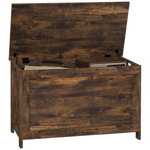 English Elm HOMCOM Rustic Brown Storage Chest Bench 29.9" with Safety Hinges, 264 lb Seat, Hidden 88 lb Bin W2225P173957
