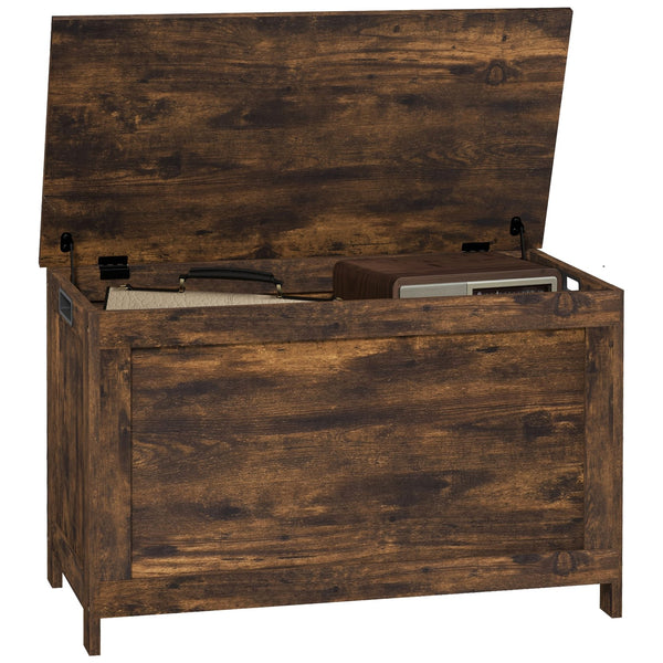 English Elm HOMCOM Rustic Brown Storage Chest Bench 29.9" with Safety Hinges, 264 lb Seat, Hidden 88 lb Bin W2225P173957