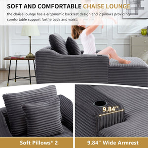 English Elm 67" Corduroy Oversized Chaise Sleeper Sofa Deep Seat Boneless Lounge with Cup Holder Pillows Dark Grey W1803P409258