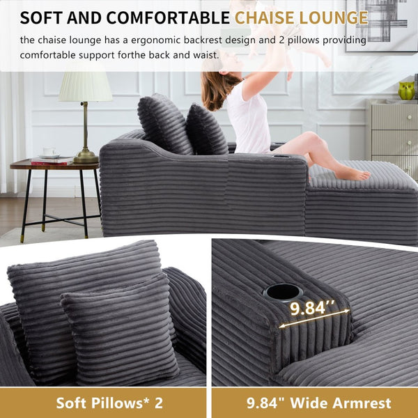 English Elm 67" Corduroy Oversized Chaise Sleeper Sofa Deep Seat Boneless Lounge with Cup Holder Pillows Dark Grey W1803P409258