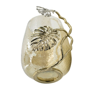 English Elm 9.8x8.5x10.8" Palm Motif Hurricane Holder Silver Aluminum Smoke Glass Mantel Decor W2078P490401