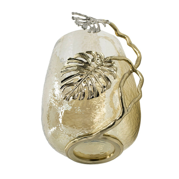 English Elm 9.8x8.5x10.8" Palm Motif Hurricane Holder Silver Aluminum Smoke Glass Mantel Decor W2078P490401