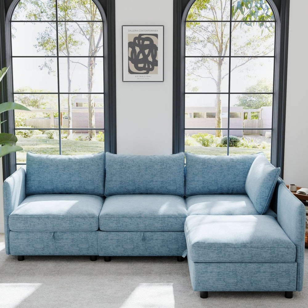 English Elm Modular Sectional Sofa Set with Hidden Storage Pocket Spring Living Room Couch Antique Blue W680S00141