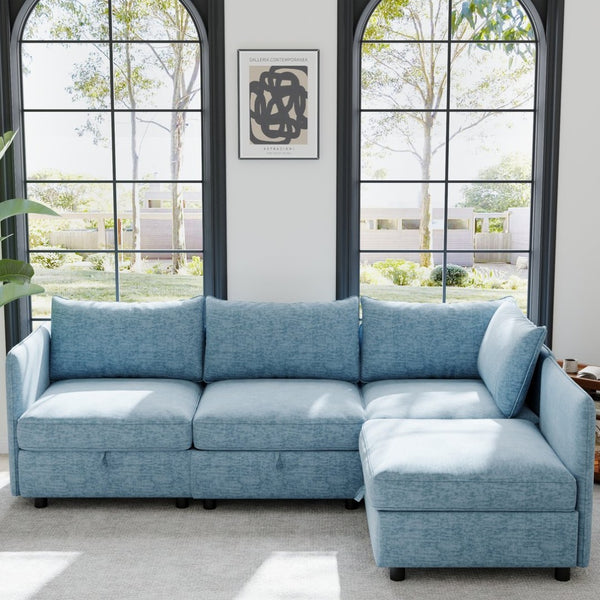 English Elm Modular Sectional Sofa Set with Hidden Storage Pocket Spring Living Room Couch Antique Blue W680S00141