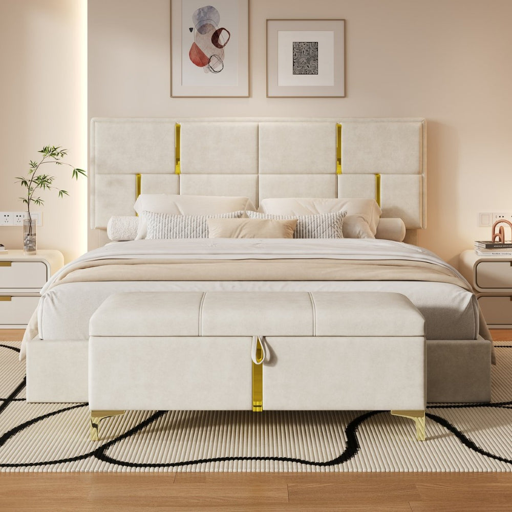 English Elm 2-pieces Queen Platform Bed Set Pu Upholstered Hydraulic Storage with Gold Accent Ottoman N733S362242A