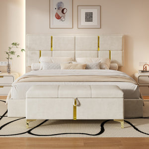 English Elm 2-pieces Queen Platform Bed Set Pu Upholstered Hydraulic Storage with Gold Accent Ottoman N733S362242A