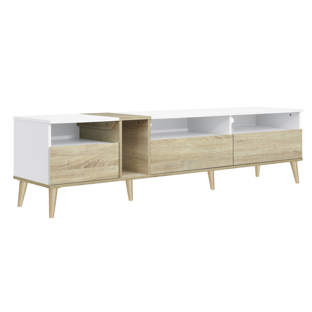 English Elm Modern TV Stand with 3 Drawers & 4 Open Shelves, 80" Media Console White+Wood, Cable Management, P2 Board N710P234108K