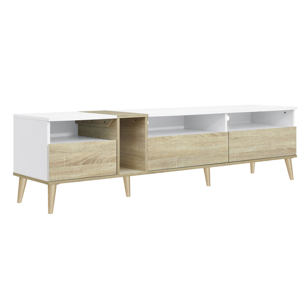 English Elm Modern TV Stand with 3 Drawers & 4 Open Shelves, 80" Media Console White+Wood, Cable Management, P2 Board N710P234108K