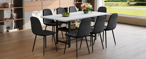 English Elm Table Set With Storage - Modern 71" White Grain Dining Table & 8 Black Linen-Cotton Chairs For Comfort W1151S04260-GIGA