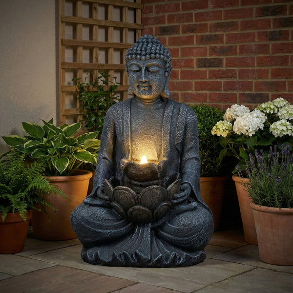 English Elm Zen-style Buddha Fountain Two Tier Lotus Polyresin Led Garden Patio Decor W853P412663