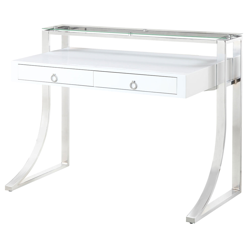 English Elm Serrano Glossy White Writing Desk with Tempered Glass Hutch, Polished Chrome Frame & 2 Drawers — Modern 48" MDF Workspace Perfect for Home Office Elegance B062S00713
