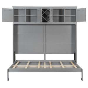 English Elm Queen Murphy Wall Bed with Storage Cabinets and Wine Rack for Small Space Living Gray LP000879AAE-1