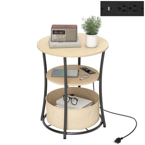 English Elm Coffee Round End Table 3 Tier with Built-in Charging Station Natural Wood Steel Frame T3971P390441