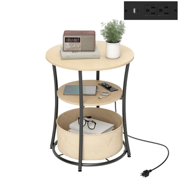 English Elm Coffee Round End Table 3 Tier with Built-in Charging Station Natural Wood Steel Frame T3971P390441
