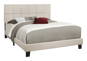 English Elm Bed, Queen Size Upholstered Beige Linen Look Platform Bed with Tufted Headboard & Black Wood Legs B2710P219505