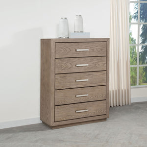 English Elm Gibbons Five Drawer Chest with Chrome Pulls and Mitered Trim for Modern Bedrooms B062P447735
