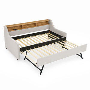 English Elm Twin Size Upholstered Sofa Bed With Led Lights, Storage, Adjustable Headboard & Wireless Charging W1413S00058-GIGA