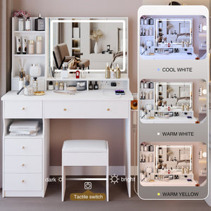 English Elm 41" Large Desktop Vanity Table Set With Cushioned Stool, Led Mirror, Power Station & Hair Dryer Stand W936P230830