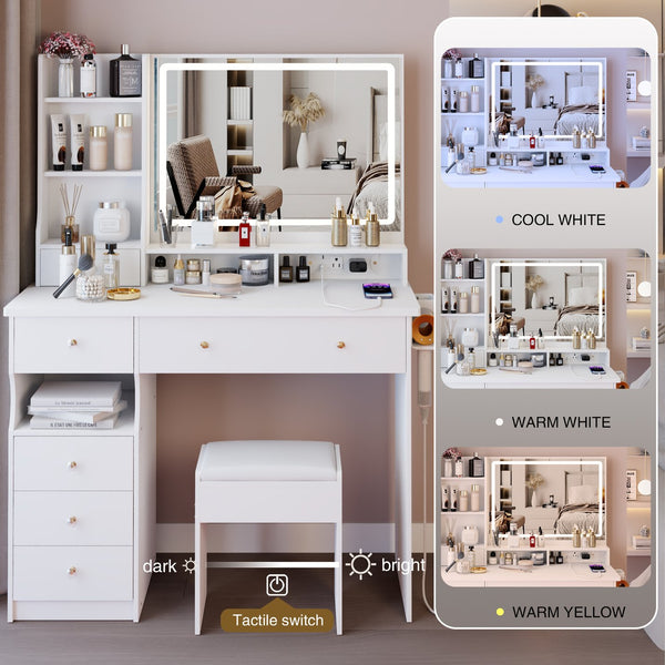 English Elm 41" Large Desktop Vanity Table Set With Cushioned Stool, Led Mirror, Power Station & Hair Dryer Stand W936P230830