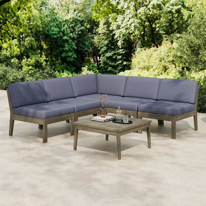 English Elm Christopher Knight Home® - Grenada 5-Seater Outdoor Acacia Wood Sectional Sofa Set With Water-Resistant Cushions, Grey+Dark Grey N773OS00059G