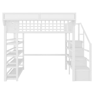 English Elm Full Metal Loft Bed with Stair Storage Rgb Lighting and Charging Station for Teens White W2580S00075