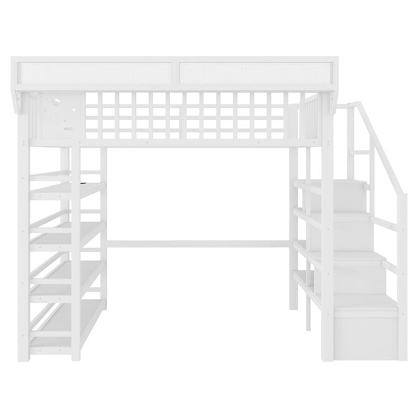 English Elm Full Metal Loft Bed with Stair Storage Rgb Lighting and Charging Station for Teens White W2580S00075