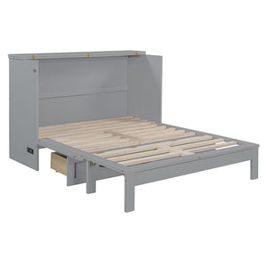 English Elm Full Size Murphy Bed Rattan Cabinet with Storage Drawers and Gold Hardware Gray N708S00009E
