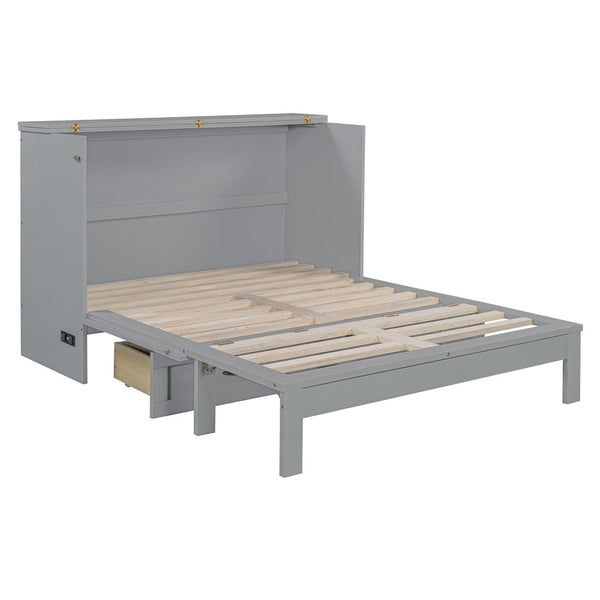 English Elm Full Size Murphy Bed Rattan Cabinet with Storage Drawers and Gold Hardware Gray N708S00009E