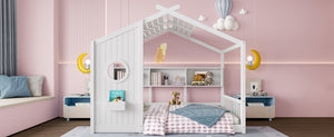 English Elm Full House Floor Bed with Roof Playhouse Design, Montessori Style with Rear Storage Shelf, Sturdy Pine White 78.5 L x 16.35 W x 8 H N733P335068K