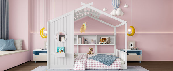 English Elm Full House Floor Bed with Roof Playhouse Design, Montessori Style with Rear Storage Shelf, Sturdy Pine White 78.5 L x 16.35 W x 8 H N733P335068K