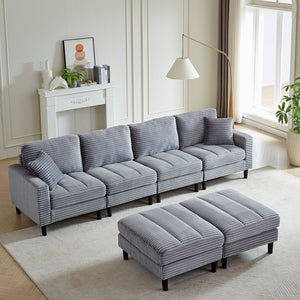 English Elm 122.5-Inch Oversized U-Shaped Modular Sofa Corduroy Sectional with Double Chaise, Ottoman, Pillows and Plastic Legs Grey W1193S00123