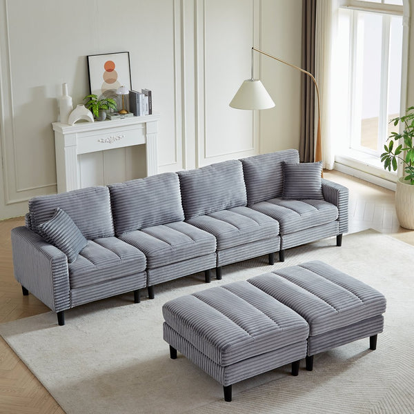 English Elm 122.5-Inch Oversized U-Shaped Modular Sofa Corduroy Sectional with Double Chaise, Ottoman, Pillows and Plastic Legs Grey W1193S00123