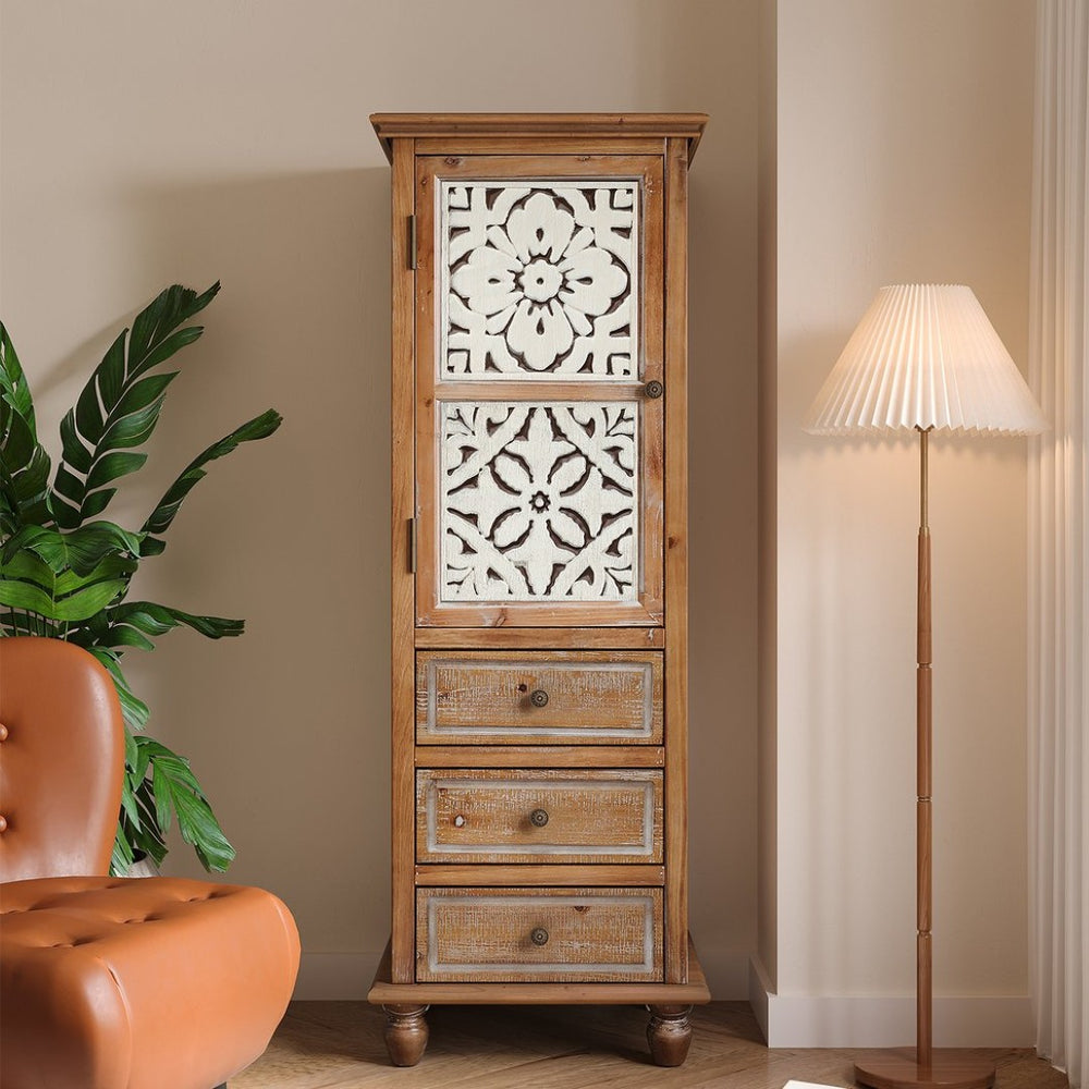 English Elm Rustic Tall Narrow Wood Cabinet Floral Cutout Door 3 Drawers Vintage Bohemian Organizer W2295P414114