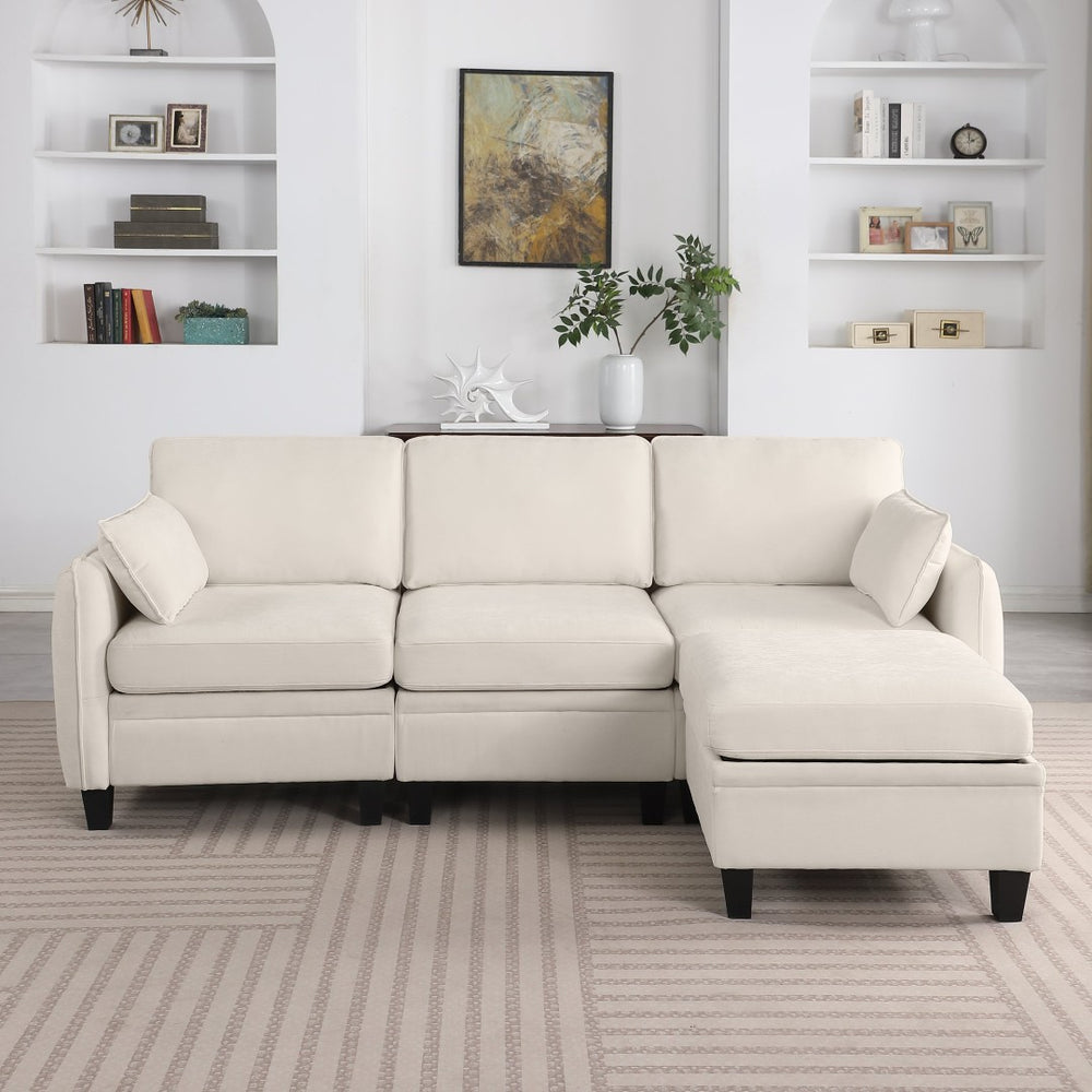 English Elm 102 Inch Linen Modular Sectional Sofa with Hidden Storage and Cloud Cushion Comfort Beige W1099S00207